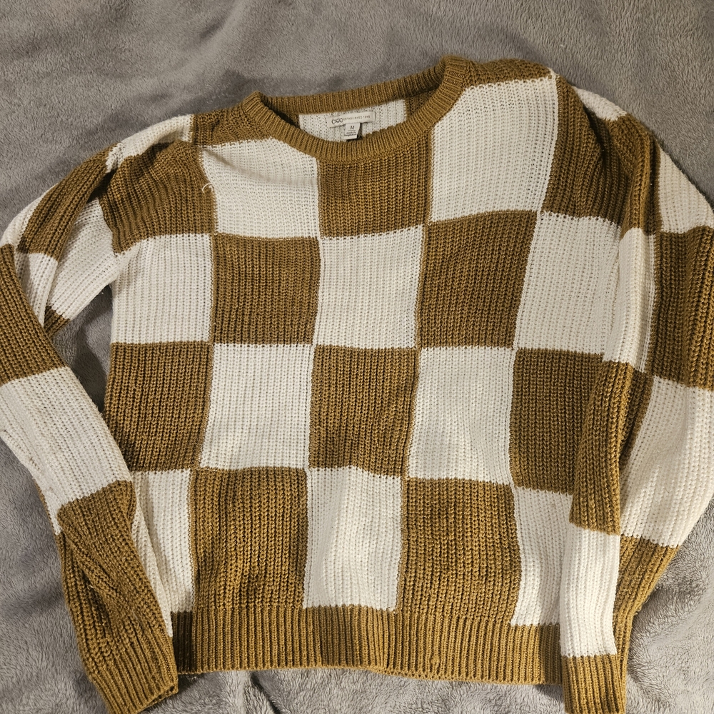 Cato Brown and White Block Pattern Crewneck Sweater